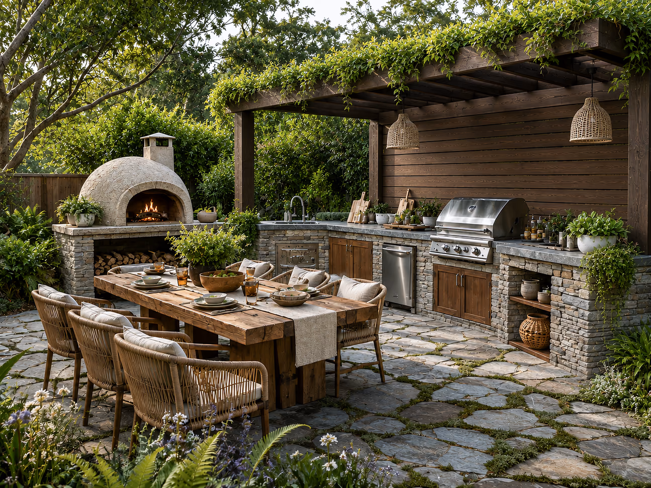 Nature-inspired backyard kitchen with a wood-fired pizza oven, built-in grill, vine-covered pergola, rustic dining table, and lush greenery in natural daylight.