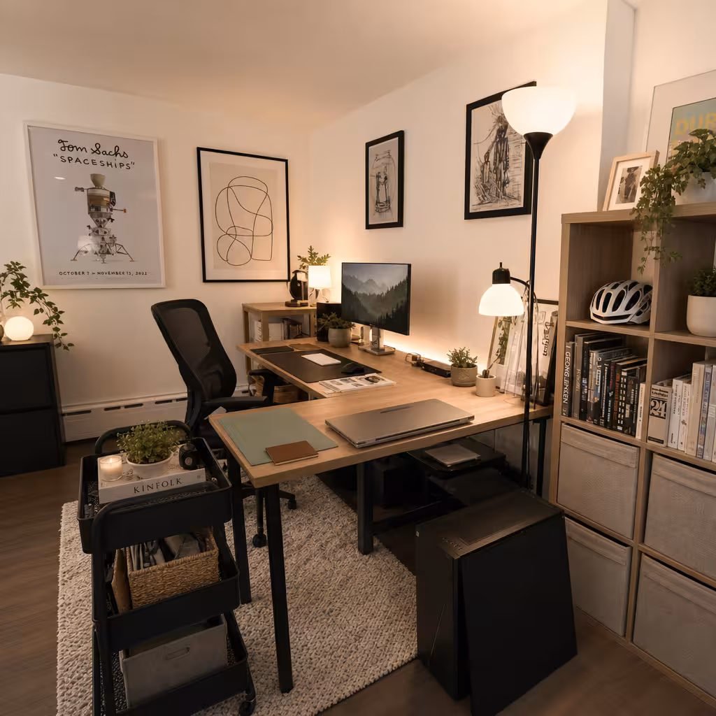 Modern home office with light wood desk, cozy lighting, and minimalist workspace decor