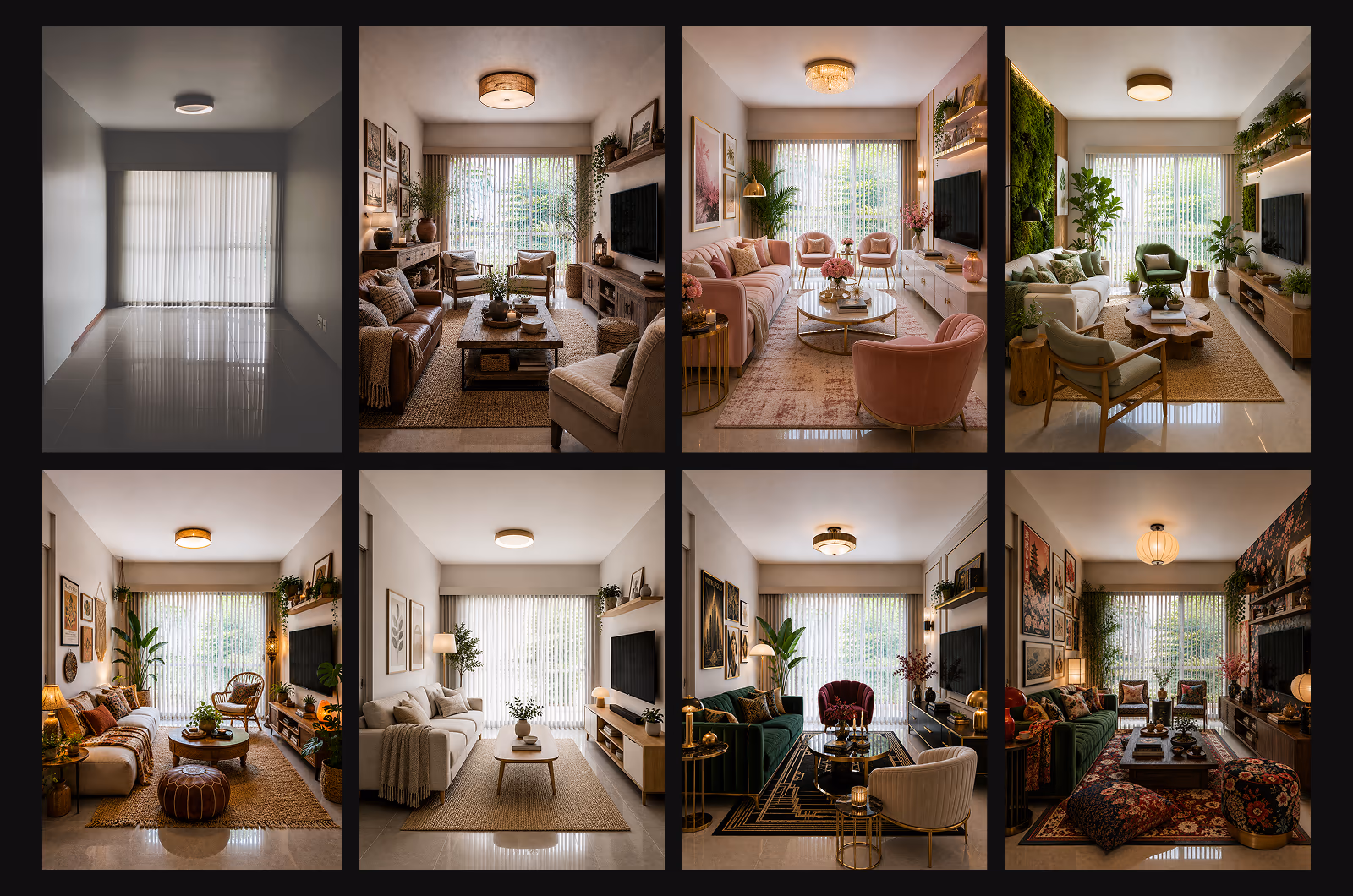 Virtual Interior Design - Eight-panel collage showcasing AI-powered virtual interior design transformations of the same empty living room. The original unfurnished room is displayed alongside seven redesigns in distinct styles: rustic, glam, biophilic, bohemian, Scandinavian, Art Deco, and Japanese maximalist, demonstrating how the same space can be reimagined with different furniture layouts, color palettes, materials, and decor while preserving the room's structure.