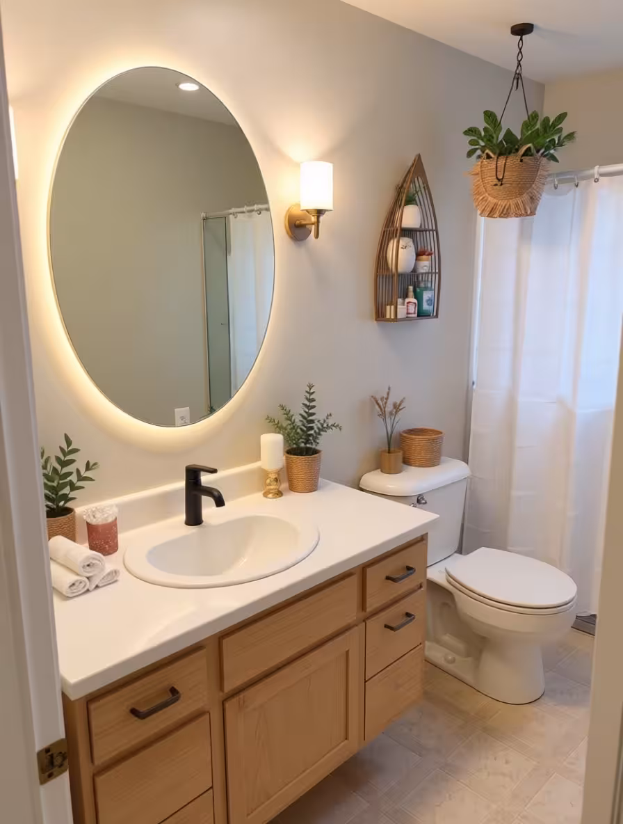 Scandinavian bathroom with light wood vanity, backlit oval mirror, neutral walls, and minimal decor accents