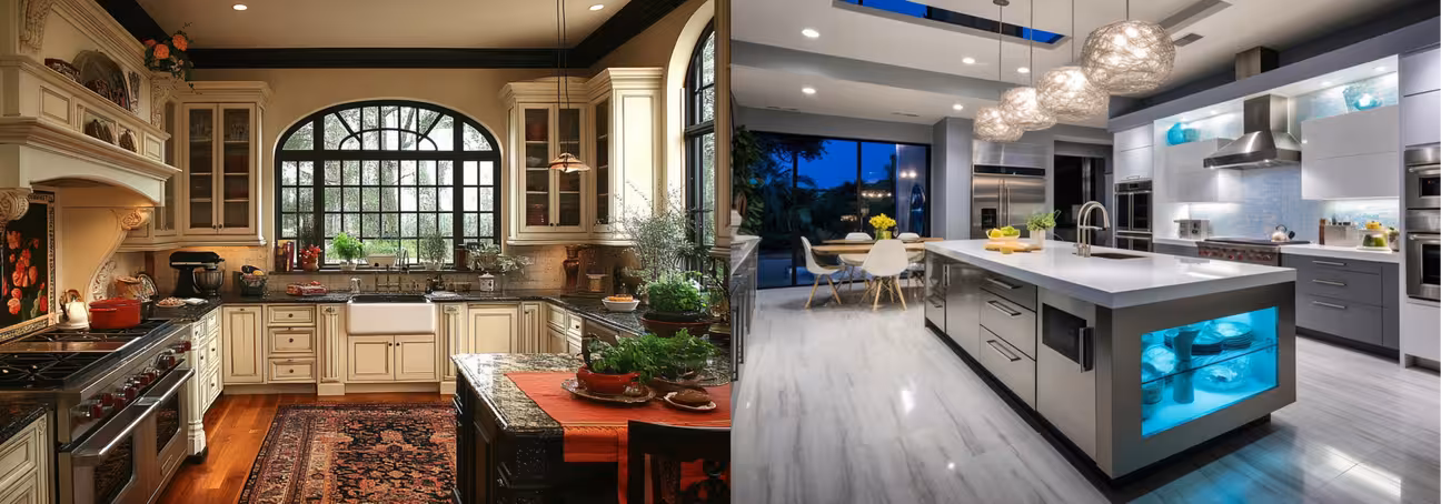 a side-by-side comparison: a traditional ornate kitchen with raised panel cabinets, crown molding and decorative detail on the left, and a clean flat-panel modern kitchen with integrated appliances. Designed with AI