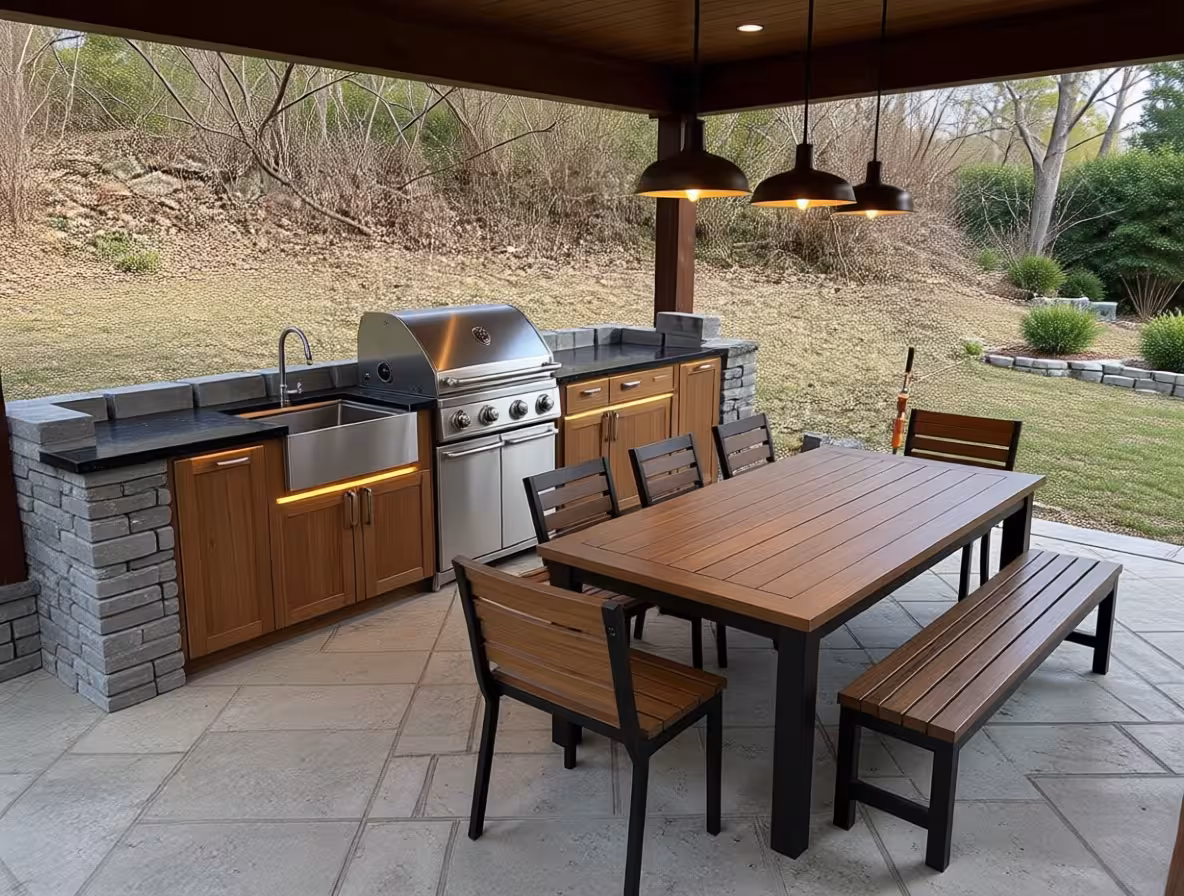 Contemporary outdoor kitchen with wood cabinetry, stainless steel grill, and covered dining area