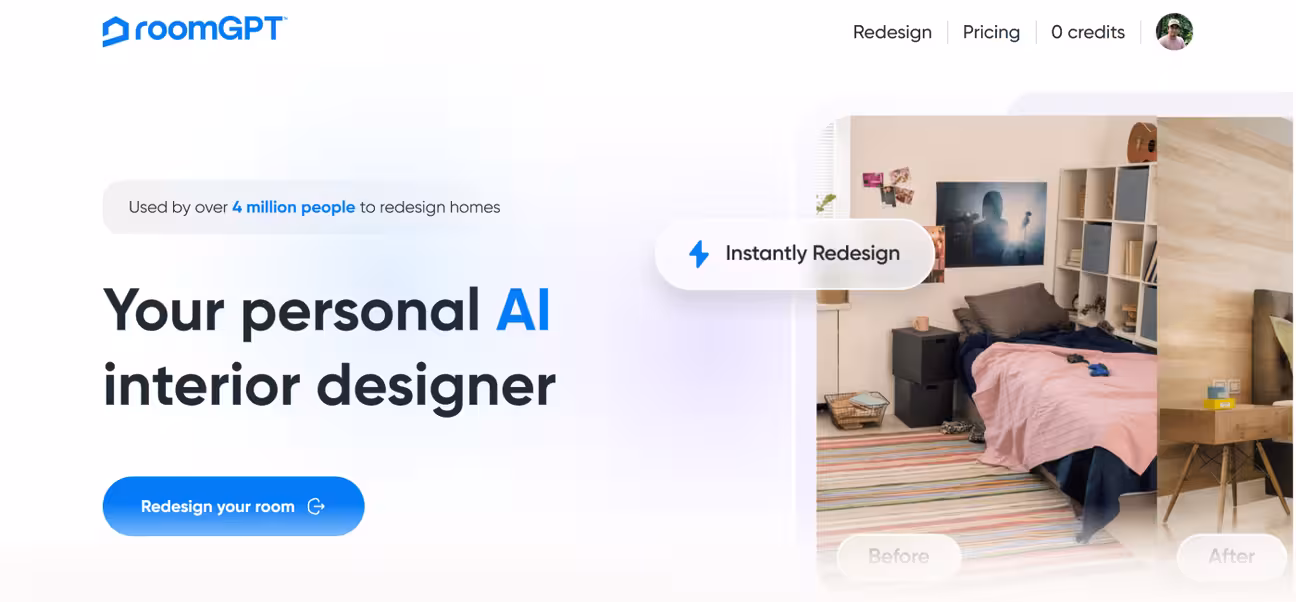 Landing page screenshot of RoomGPT 