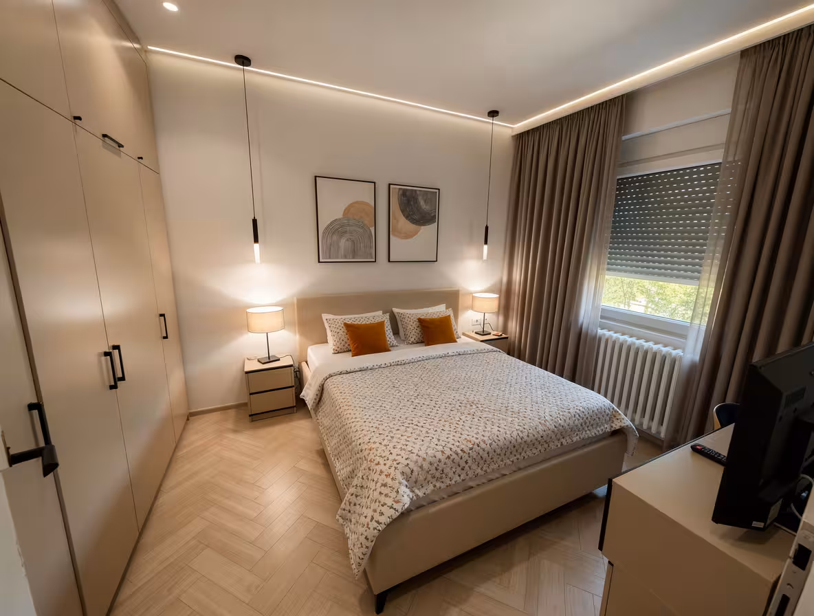 Modern minimalist bedroom with warm LED lighting, neutral decor, upholstered bed, and built-in wardrobes