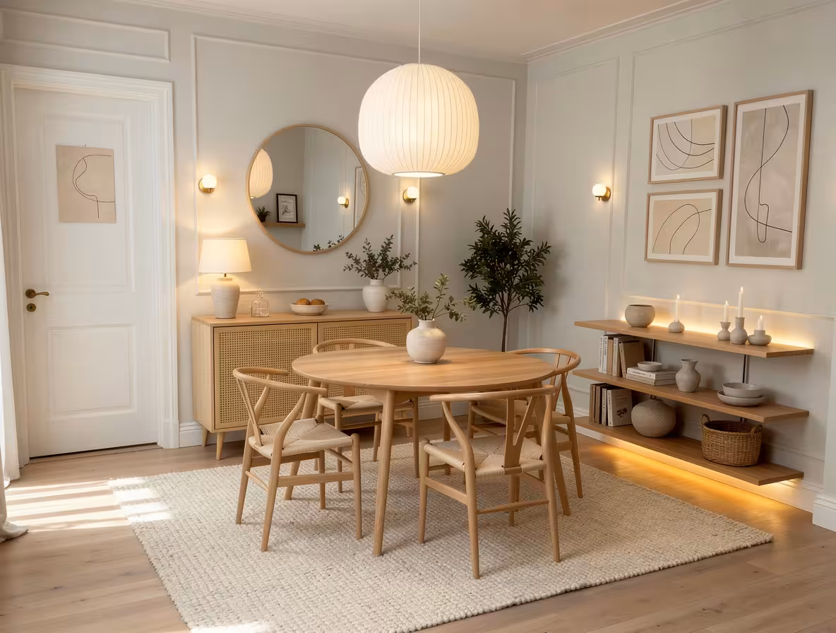 Scandinavian dining room with oak table, woven chairs, paper pendant light, and floating wood shelves
