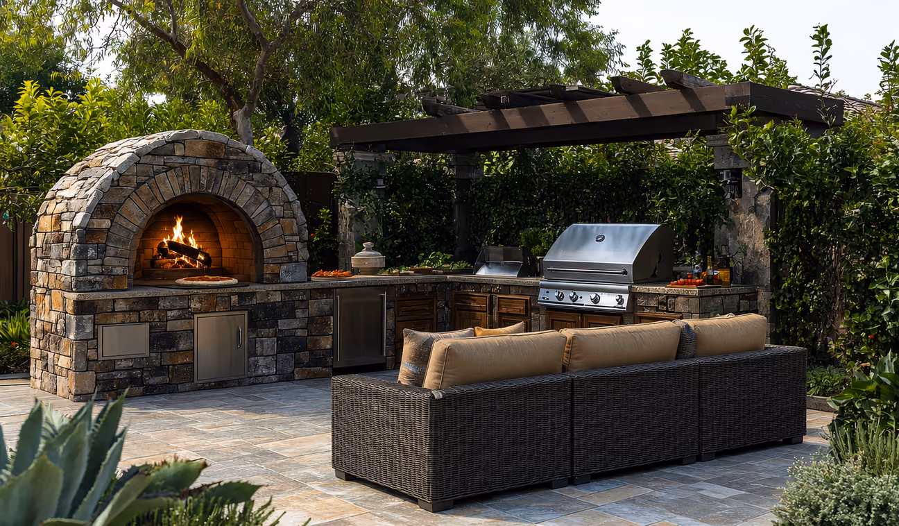 Outdoor kitchen with brick pizza station, built-in grill, and simple patio setup surrounded by greenery