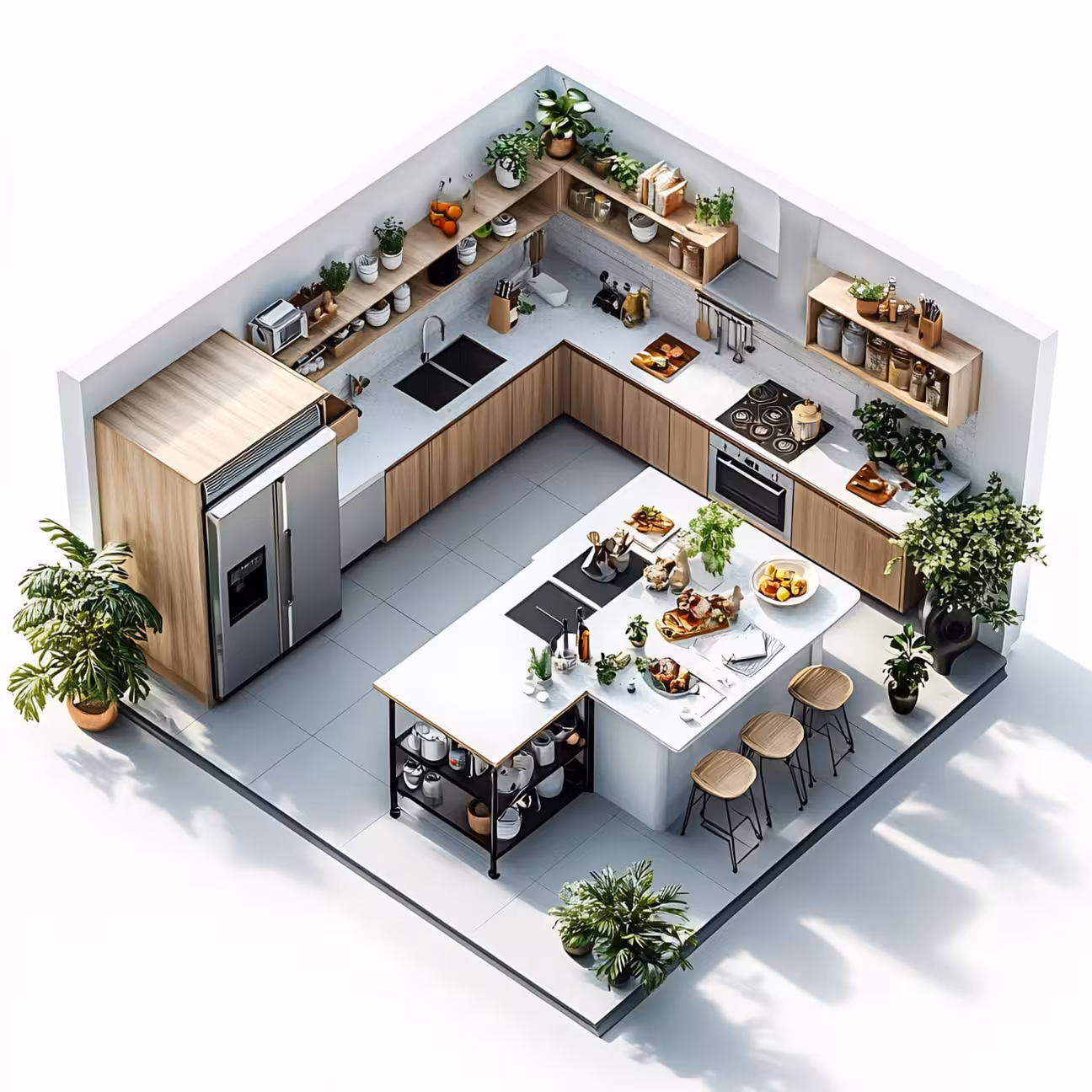 AI-generated: an overhead floor plan diagram showing an efficient kitchen work triangle with clear zones for prep, cooking, and cleaning, illustrated in a clean architectural style
