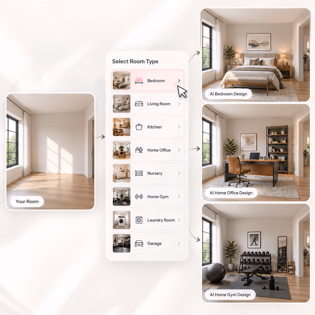 DecorAI room type picker with a photo of an empty room and bedroom, home office and gym results