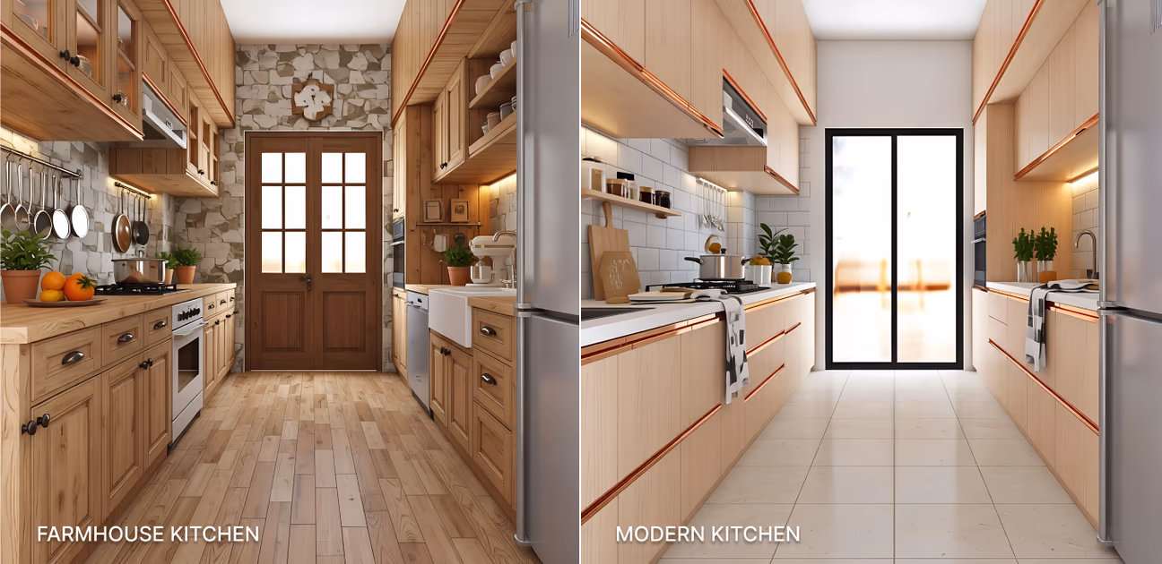 Side-by-side comparison of a warm farmhouse kitchen with natural wood cabinets, stone backsplash, and hardwood flooring, and a modern kitchen with streamlined wood cabinetry, white tile backsplash, and large-format flooring.