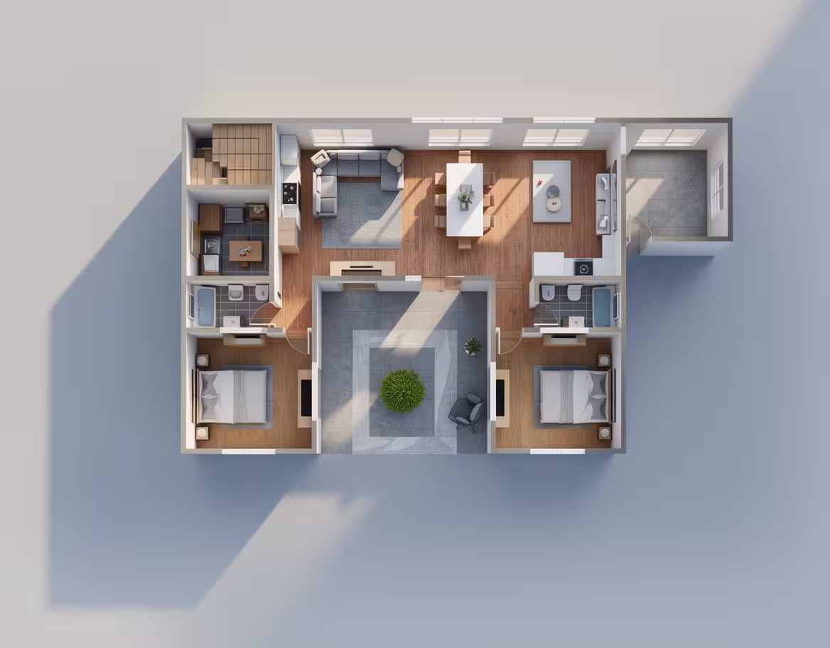 Top-view 3D floor plan of a modern two-bedroom apartment with open living, dining, kitchen, and central seating area.