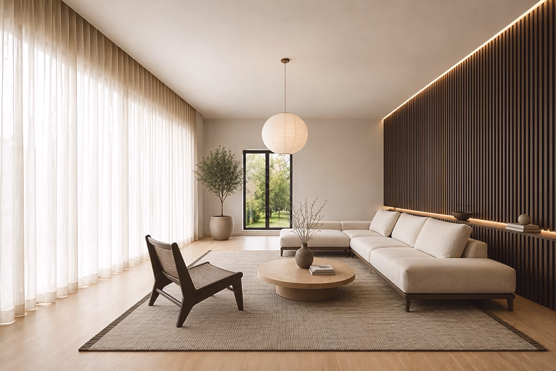 Japandi living room with a dark wood slat wall, a low linen sofa and a round pendant light
