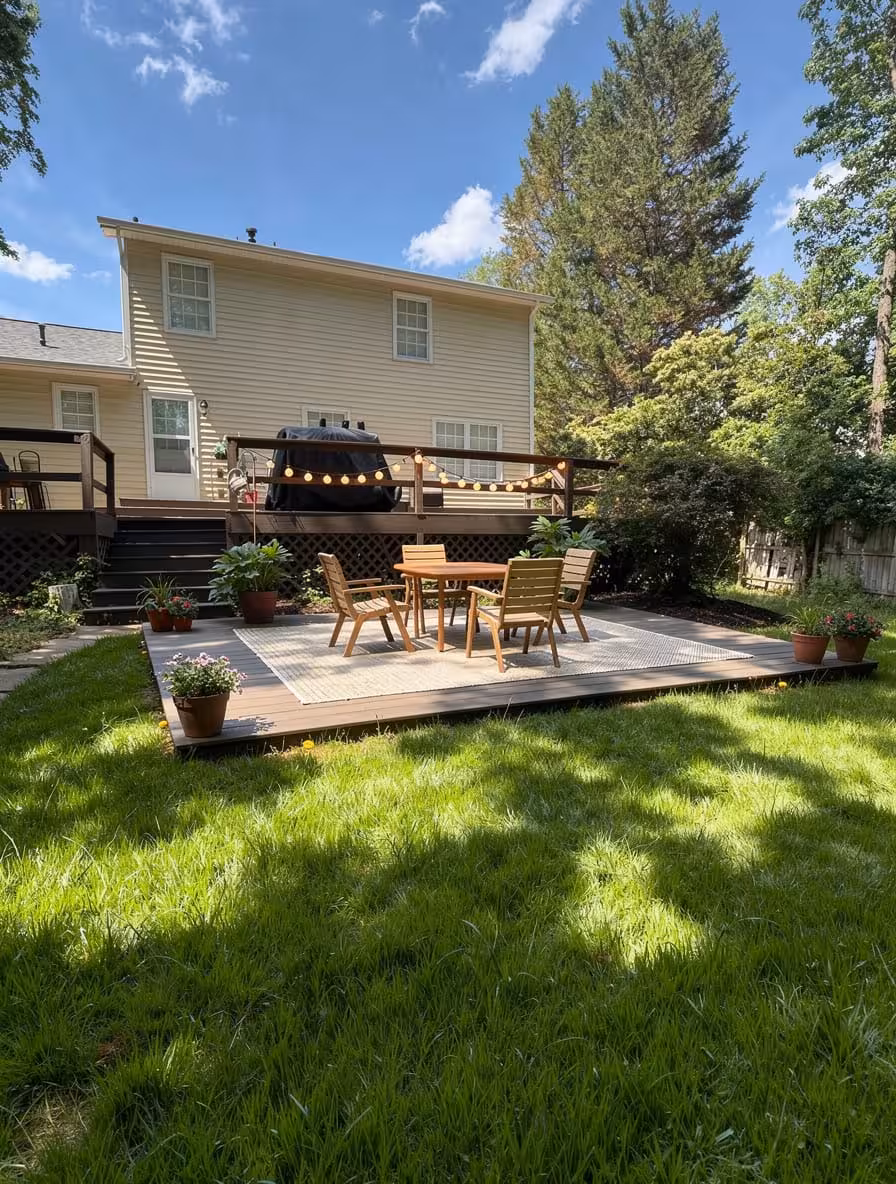 Backyard with floating deck patio, outdoor dining furniture, string lights, and refreshed lawn