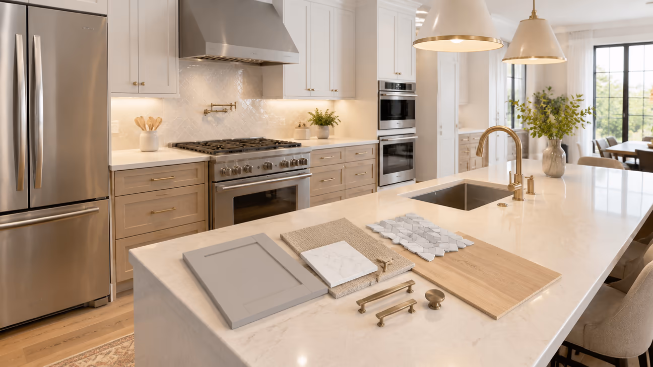 modern kitchen with cabinet, countertop, flooring, tile, and hardware samples