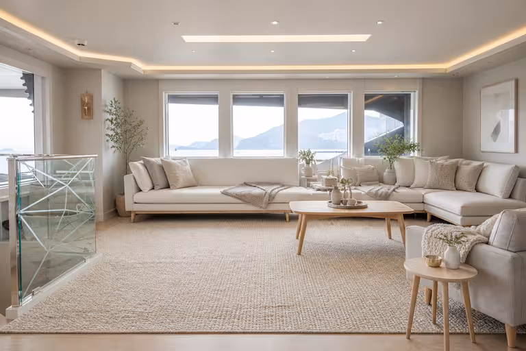 Scandinavian living room with neutral sectional sofa, textured rug, light wood tables, and large windows
