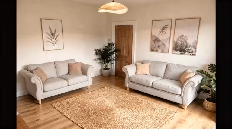 Scandinavian living room with neutral sofas, jute rug, wood flooring, and minimalist decor.
