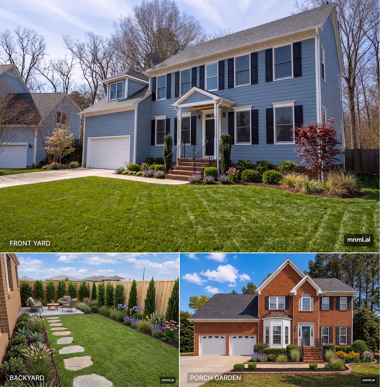 Collage of mnml generated front yards and backyard