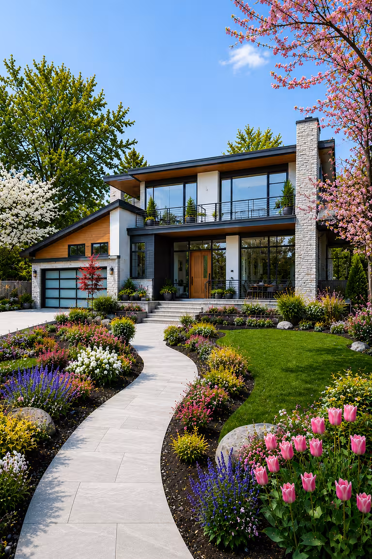 Modern two-story home with wood and stone accents, a sweeping curved stone walkway bordered by pink tulips, purple salvia, yellow daylilies, and large boulders, framed by a pink cherry blossom tree and white dogwood over a manicured curved green lawn