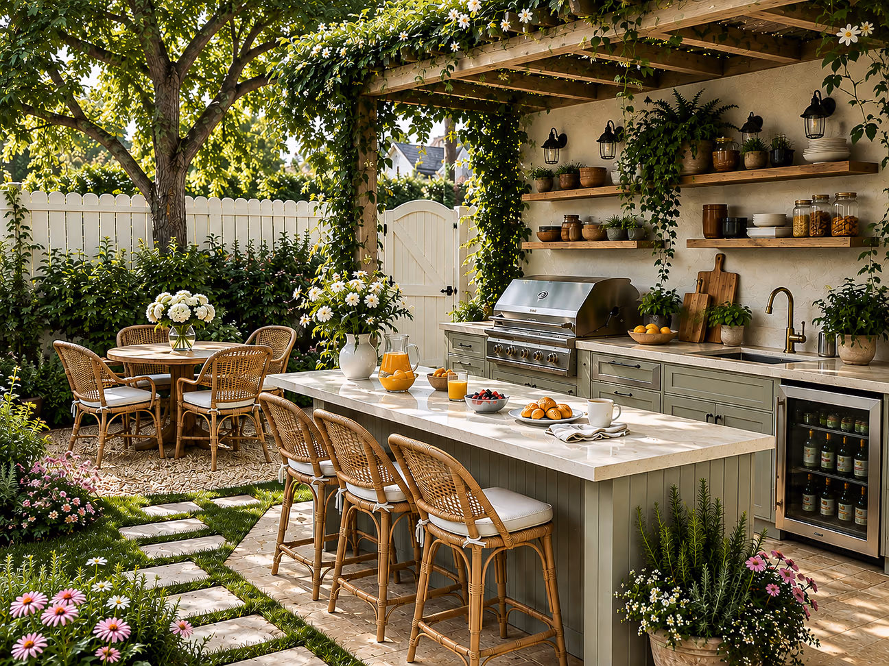 Breakfast garden kitchen with a pergola-covered outdoor kitchen, breakfast island, rattan seating, flowering garden, and lush greenery in bright natural daylight.