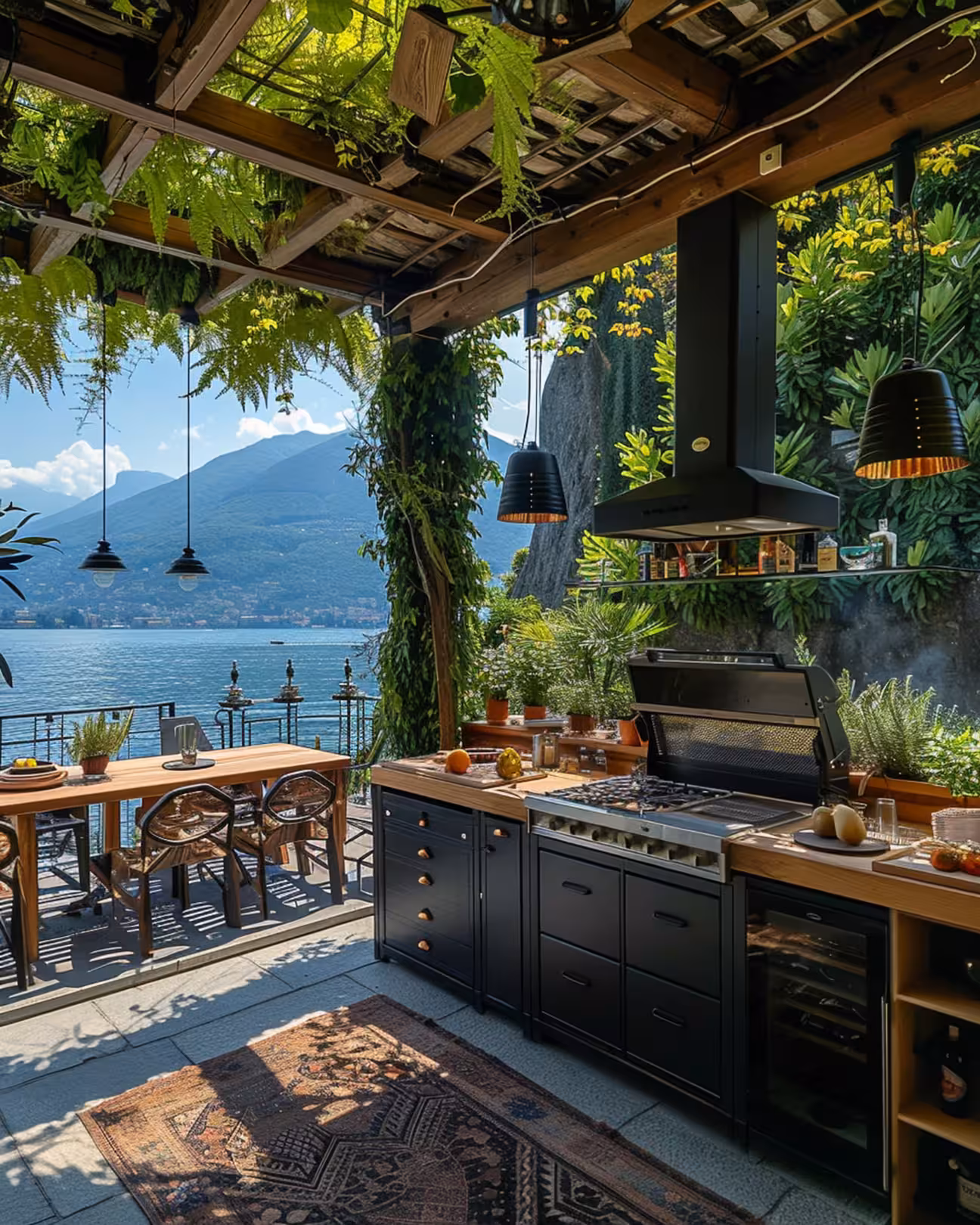 Scenic outdoor kitchen with pergola, built-in grill, wood countertops, and dining area overlooking a lake and mountains