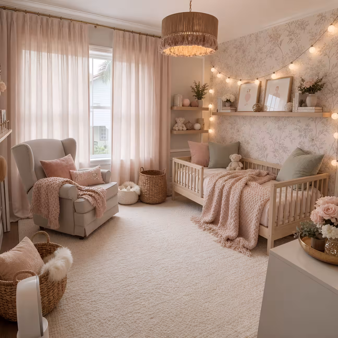 Kids bedroom in soft pink tones with a toddler wood bed frame, floral botanical wallpaper on the feature wall, fairy string lights along a floating shelf, a grey wingback nursing chair with pink cushions, woven storage baskets on the floor, and a soft cream carpet