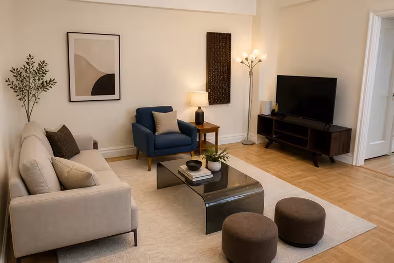 Contemporary living room with neutral sofa, blue accent chair, upholstered ottomans, coffee table, TV stand, and area rug
