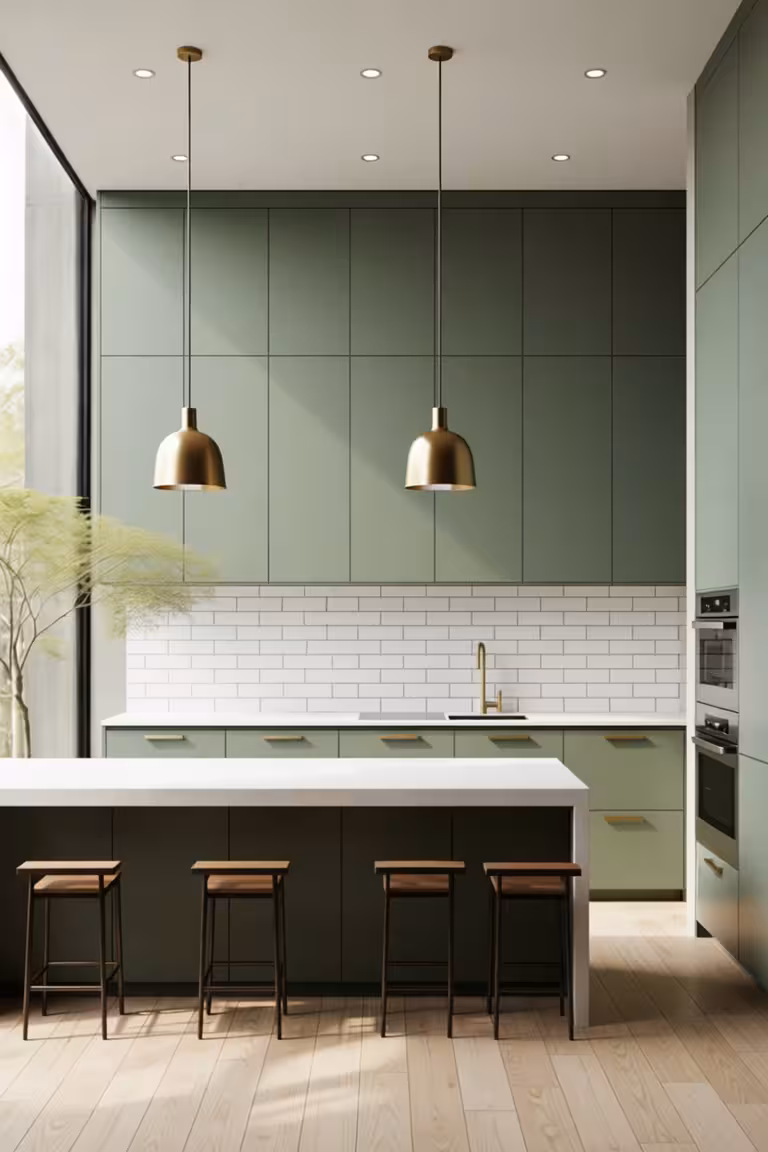 Modern covered patio kitchen with matte olive green cabinetry, white subway tile backsplash, brass fixtures, wooden bar stools, and warm natural light.
