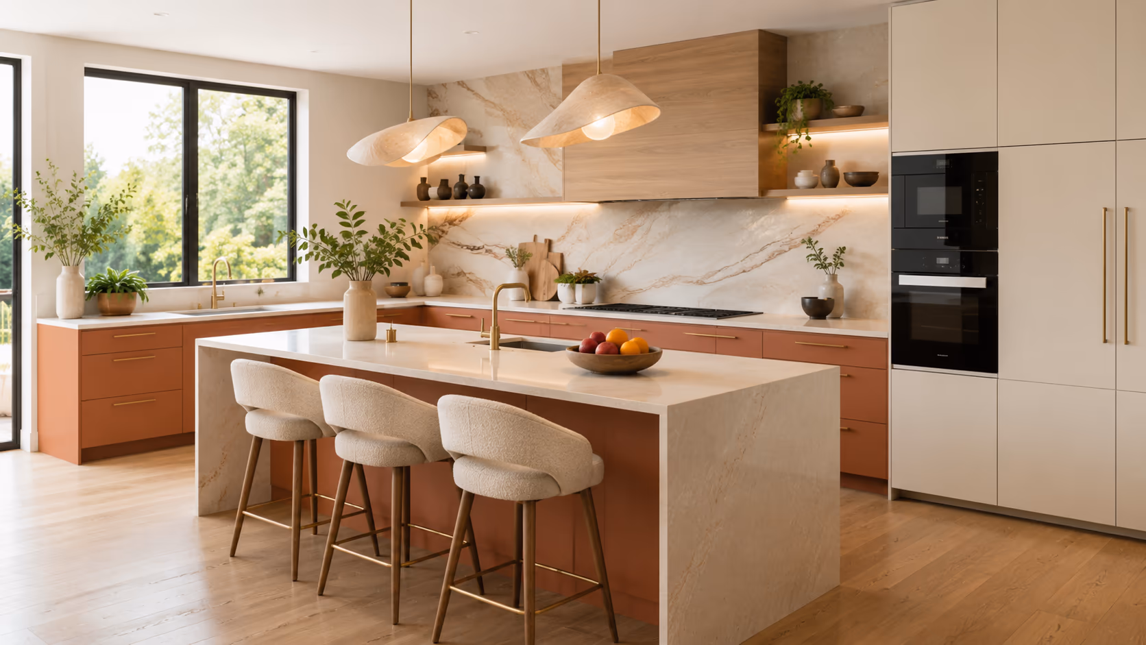 kitchen remodel cost in 2026 colorful modern kitchen with terracotta cabinets, cream stone surfaces, and a large island