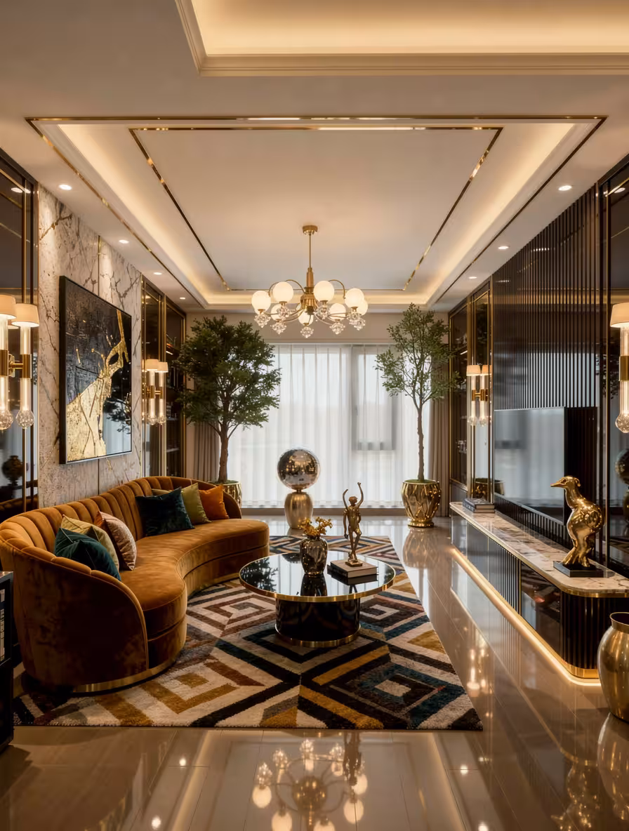 Neo Deco living room with curved mustard velvet sofa, geometric patterned rug, gold accents, black marble coffee table, large plants, statement chandelier. and warm ambient lighting.