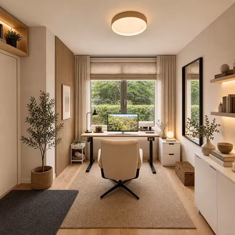 Modern Scandinavian home office with warm wood accents, cozy lighting, and minimalist workspace decor