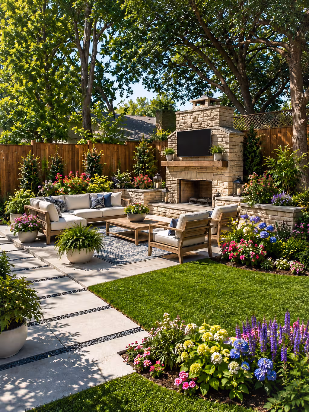 Backyard with stacked-stone outdoor fireplace and mounted TV, L-shaped wooden sectional sofa on outdoor rug, and stepping stone pathway through flower beds