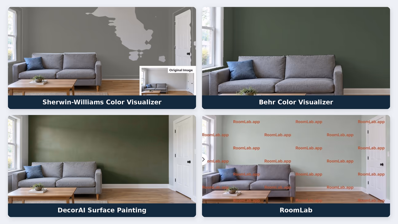 four paint visualizer results of the same living room, showing patchy gray walls in Sherwin-Williams, dark green in Behr and DecorAI, and pale green in RoomLab