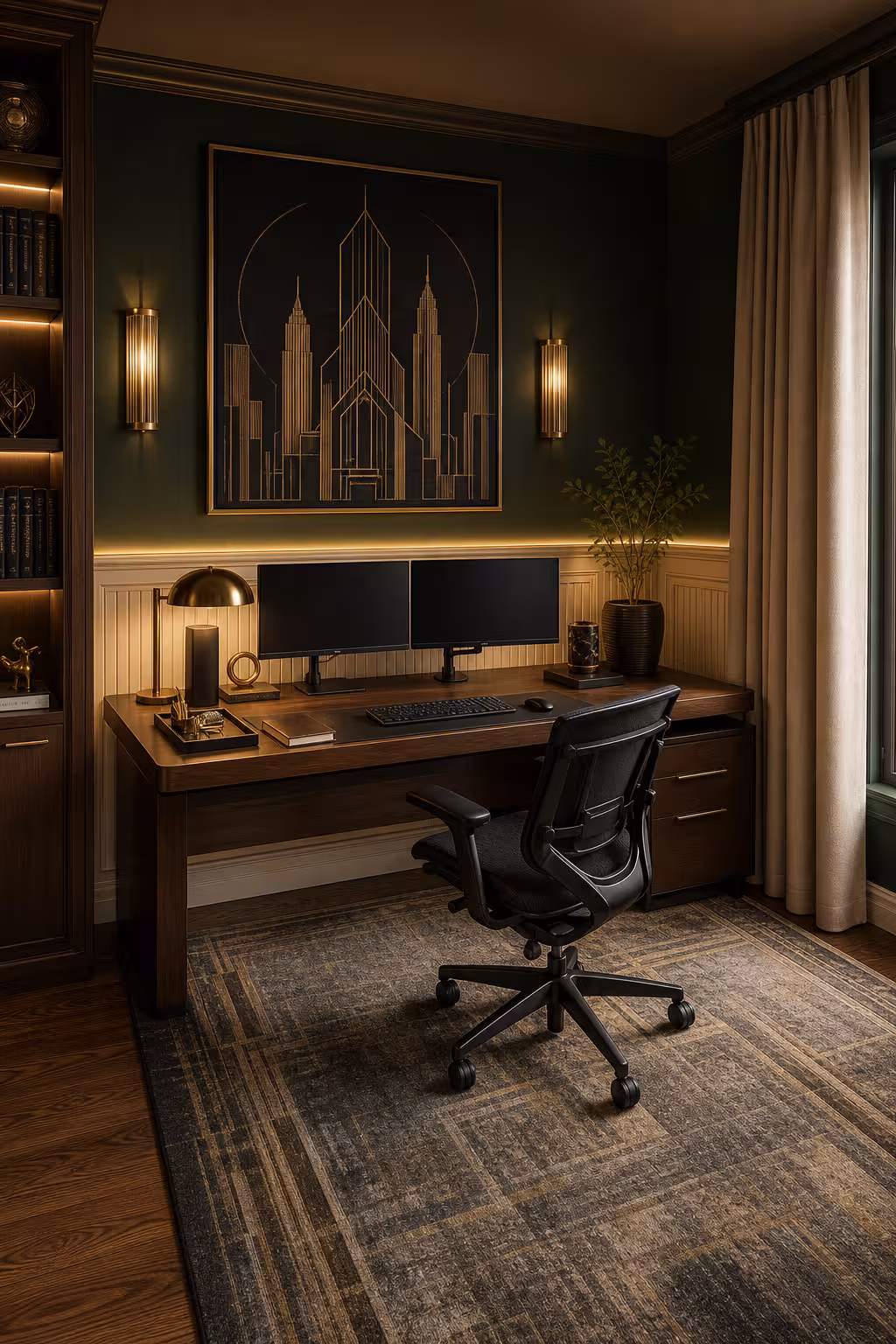 Art Deco home office with dark walls, gold accents, dual monitors, dark wood desk, geometric skyline artwork, and ambient lighting.