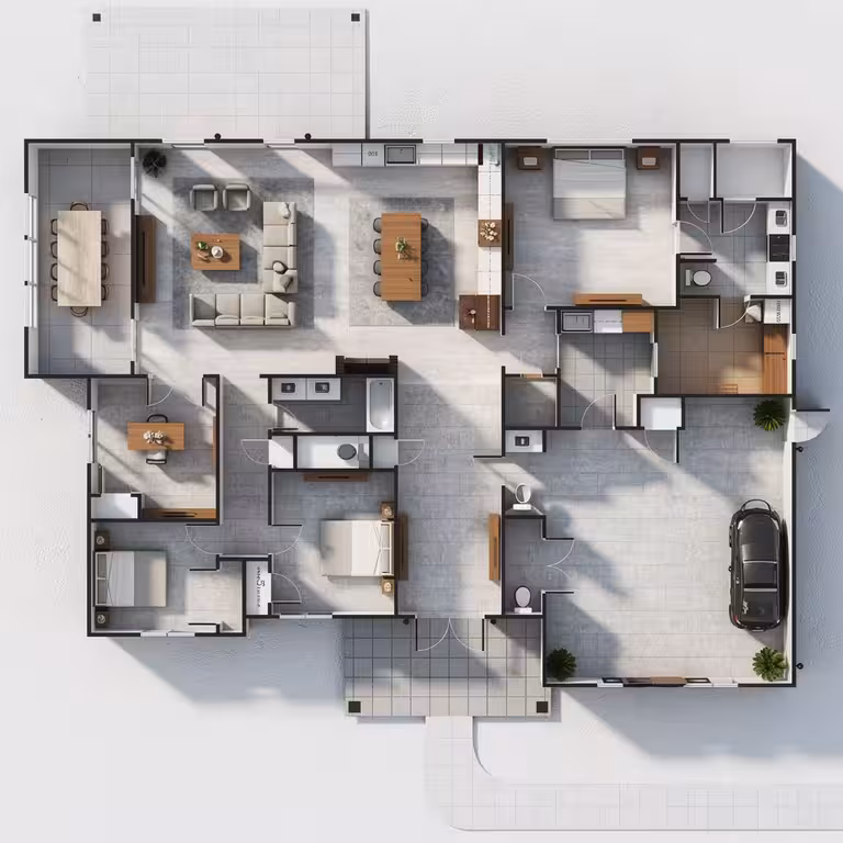 Industrial loft style 3D floor plan render with furnished interiors, open living area, and realistic home layout.