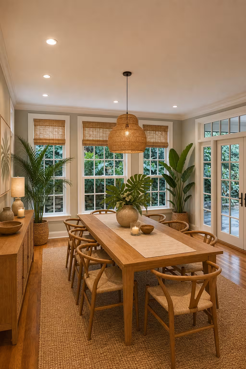 Modern tropical dining room with woven pendant lighting, wood dining table, tropical plants, and rattan dining chairs