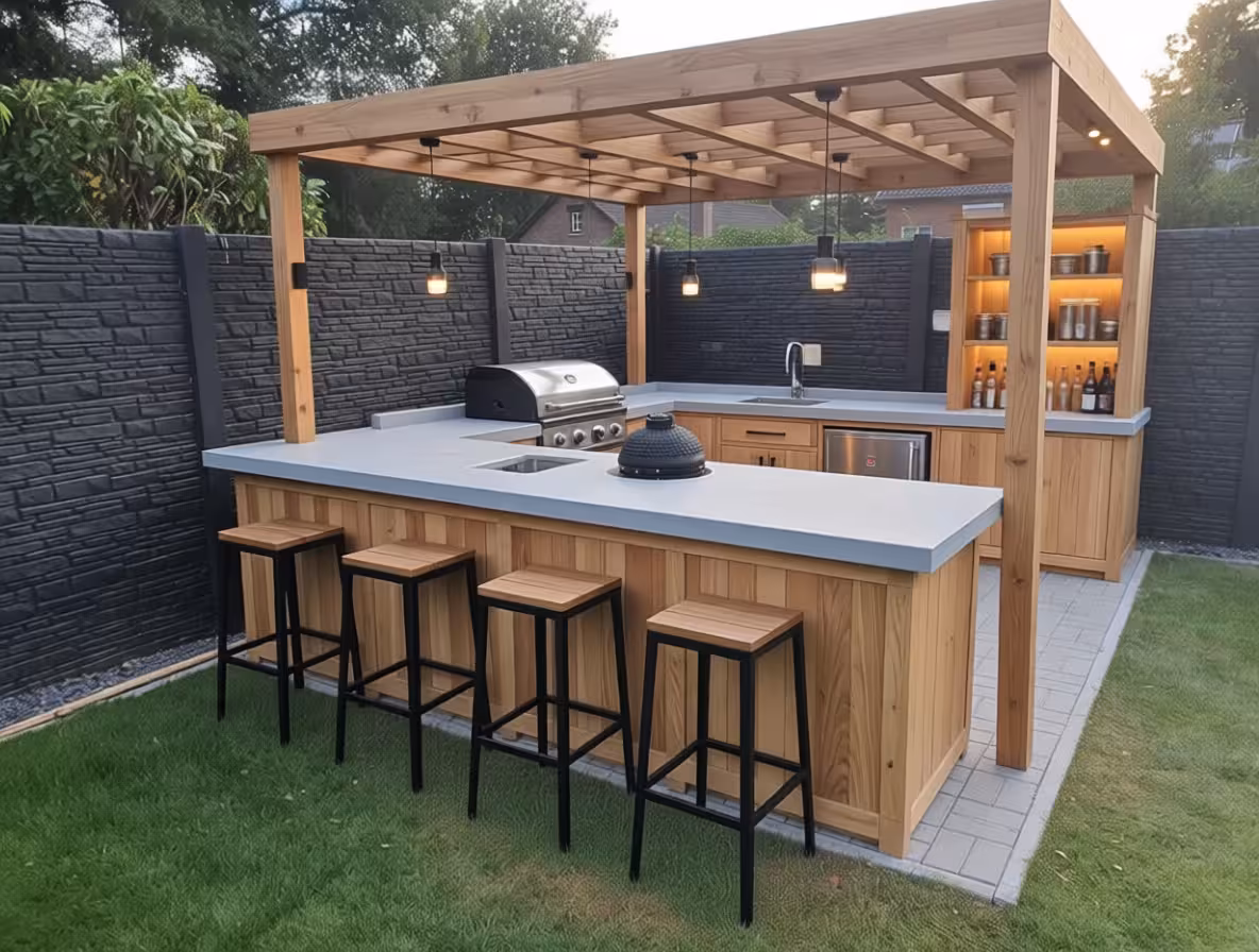 Scandinavian outdoor kitchen with pergola, oak cabinetry, and outdoor bar seating