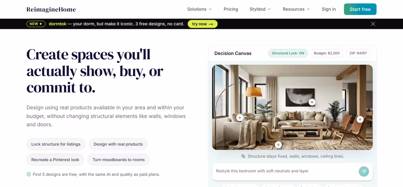 Landing page of reimagine home AI tool