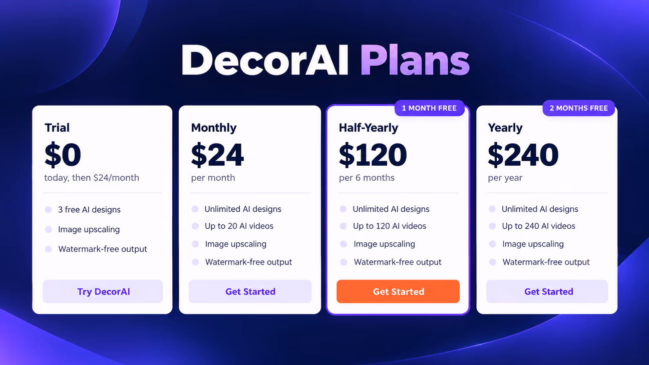 decorai pricing cards showing a free trial and monthly, half-yearly, and yearly subscription plans