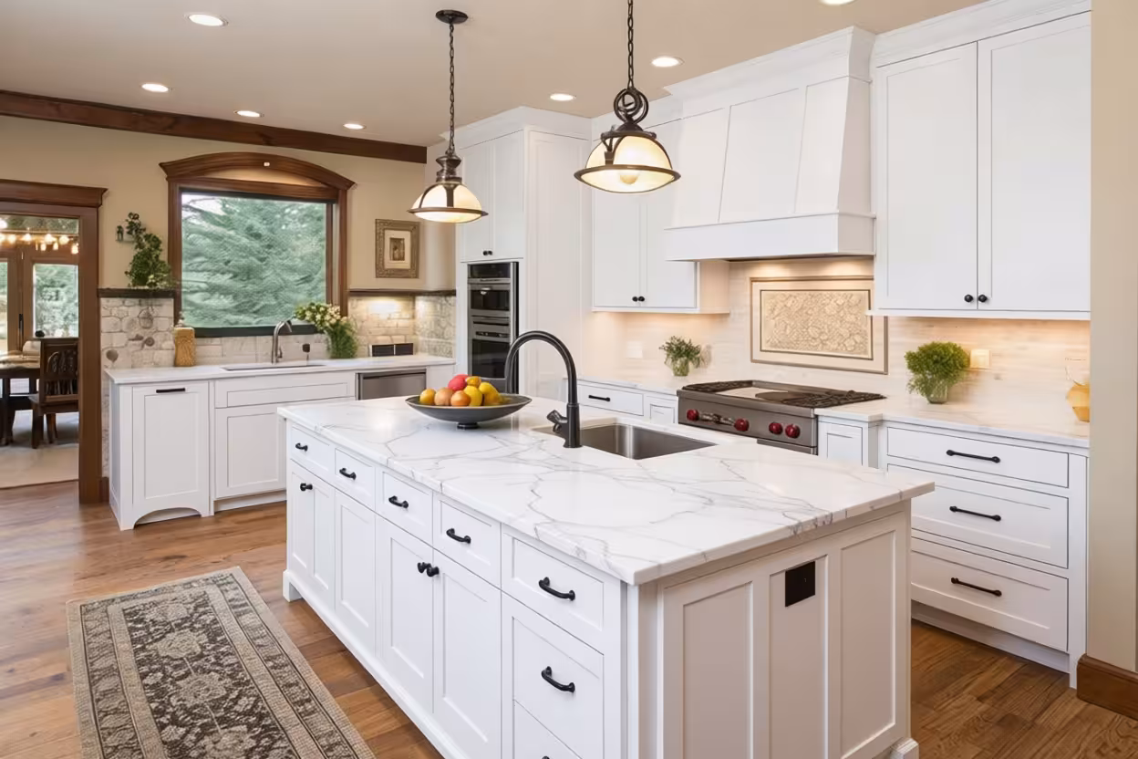 Bright modern farmhouse kitchen featuring white cabinetry, marble countertops, black hardware, wooden floors, pendant lighting, and warm natural accents.
