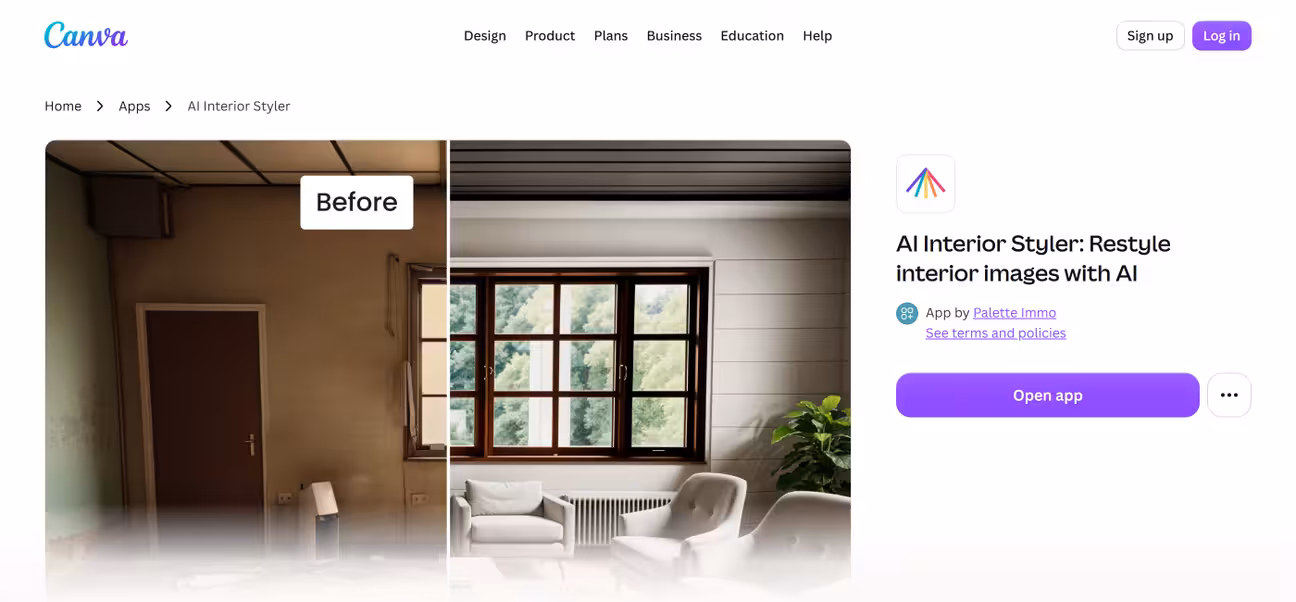 Landing page of Canva interior styler app