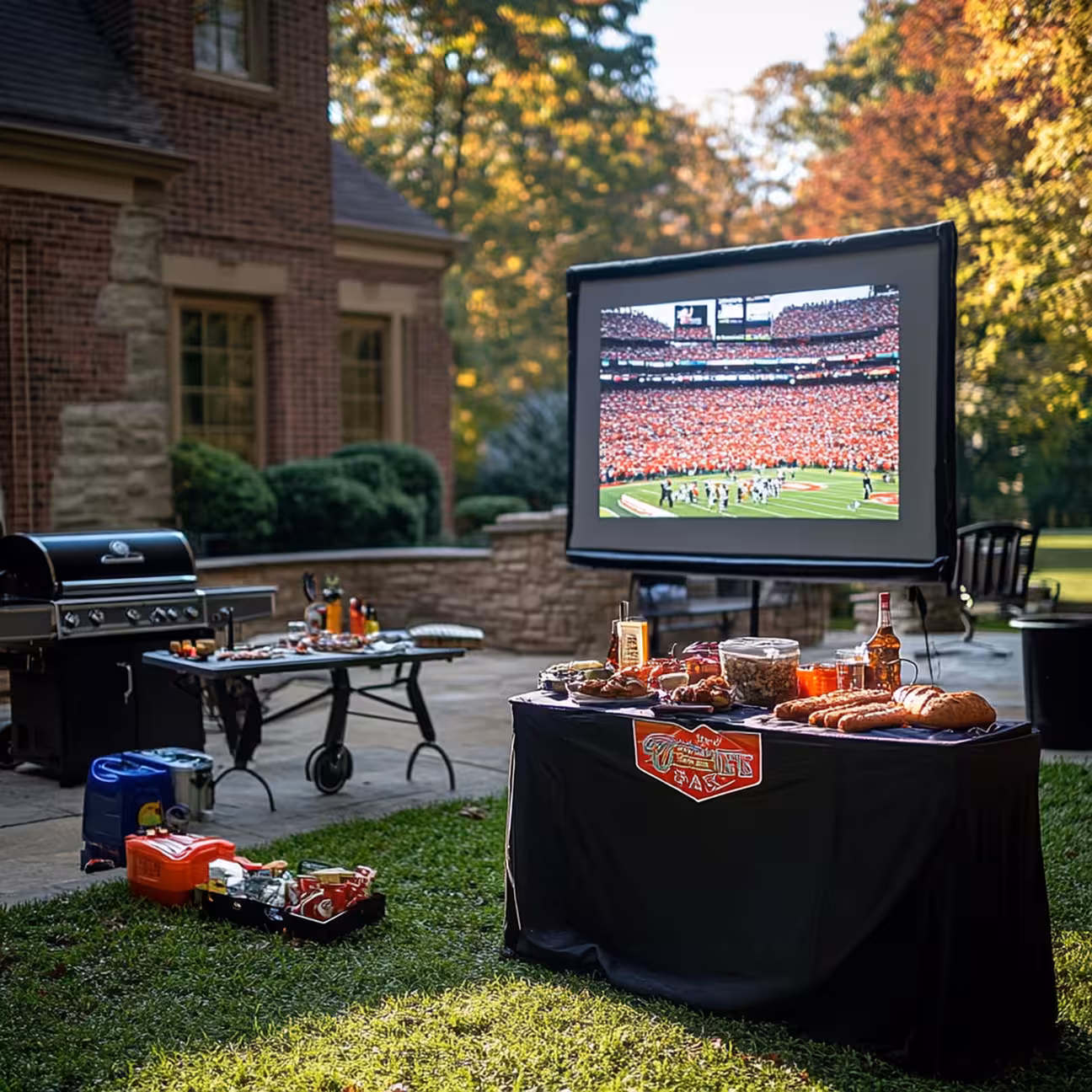 Backyard outdoor kitchen setup with grill, food table, and large screen showing a live sports game for outdoor entertaining