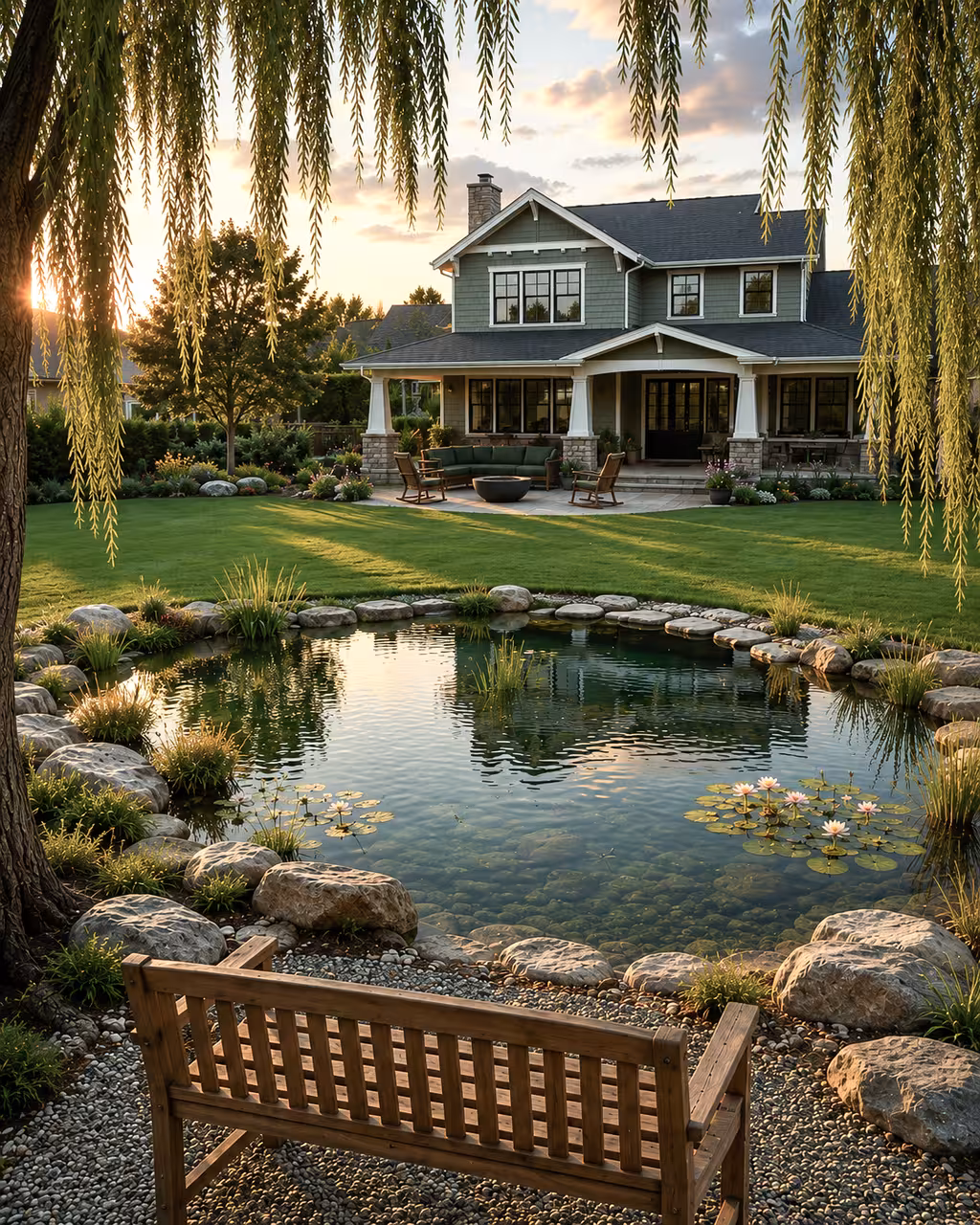 Natural pond with water lilies and river rock edging in front of a craftsman farmhouse, framed by a weeping willow tree with a wooden bench on gravel, fire pit patio in the background.