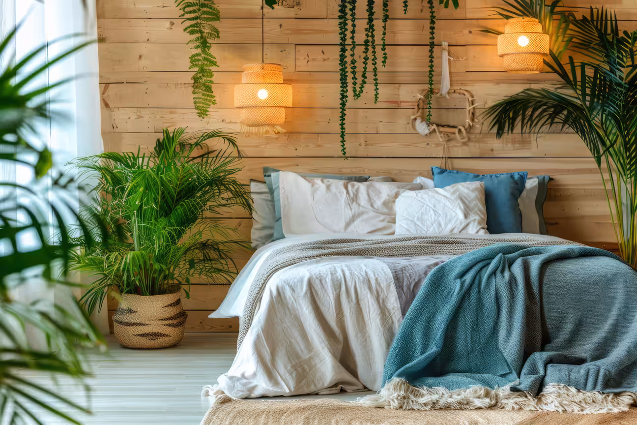 Biophilic bedroom with a raw pine plank horizontal cladding feature wall, multiple trailing ferns and hanging plants at varying heights, two rattan drum pendant lights, white and teal linen bedding, a macrame wall hanging, and warm ambient lighting on the wood wall