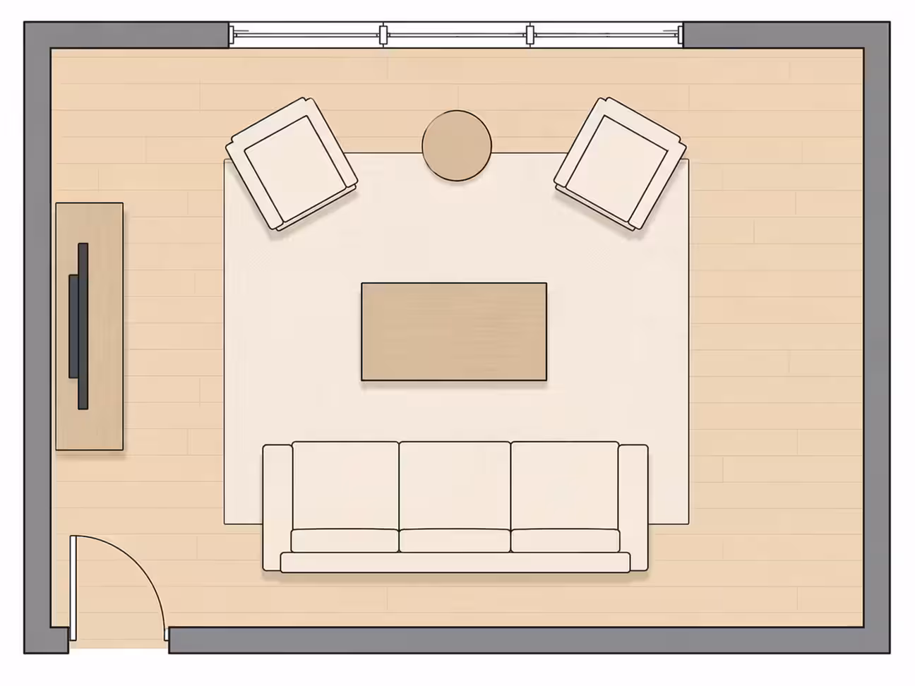 Top-down 2D floor plan of a small rectangular living room with a sofa on the bottom wall, two armchairs angled inward at the top near a large window, round side table between chairs, and TV console on the left wall