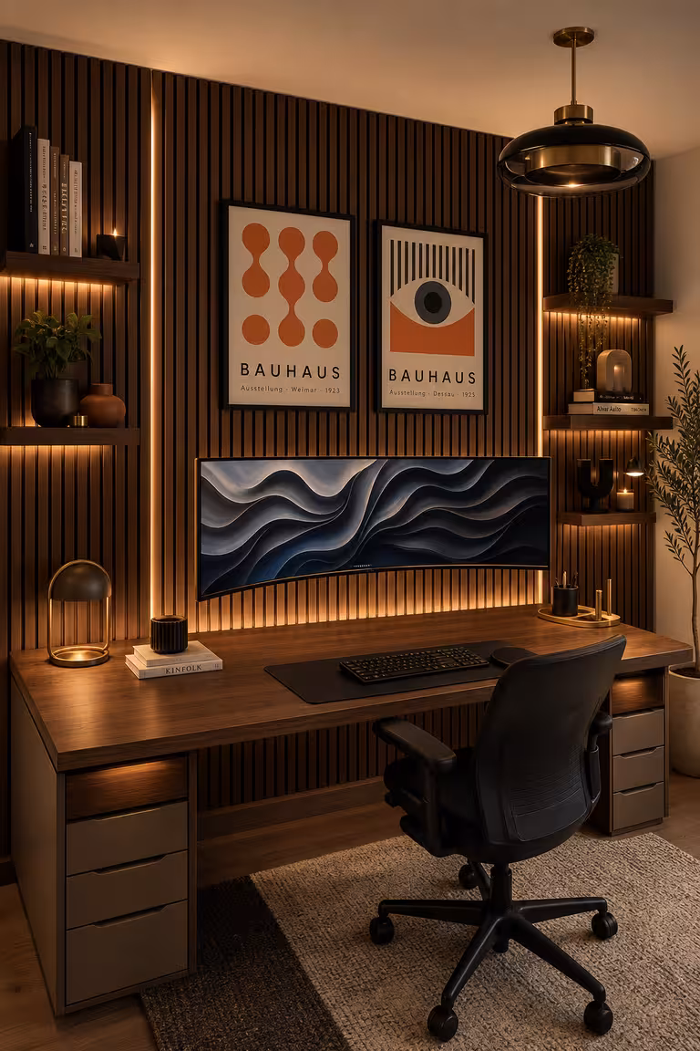 Luxury Modern home office with walnut slat walls, ambient lighting, and Bauhaus-inspired decor