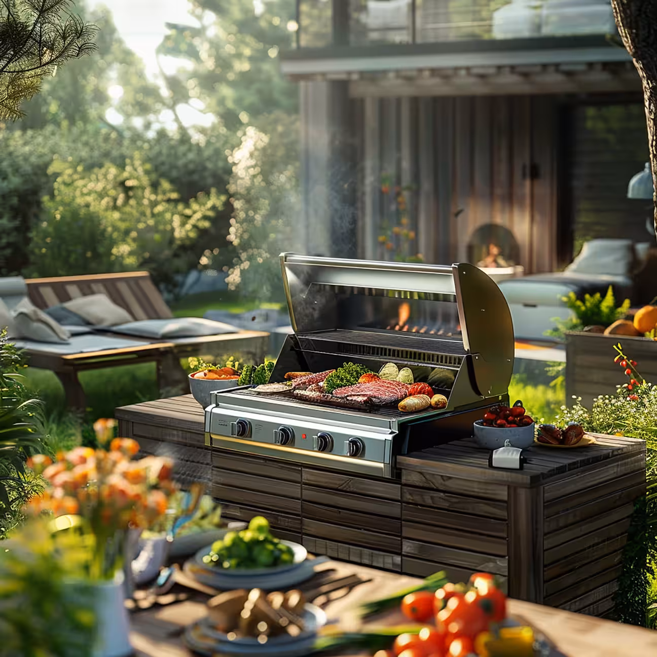 Compact grill station with prep surface, and simple patio layout for small backyard spaces