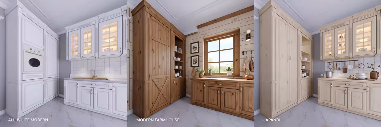 3 panels showing the same small kitchen redesigned in three different directions side by side: white modern (left), modern farmhouse (center), Japandi (right). All AI-generated with DecorAI.