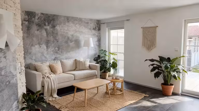 Boho Scandinavian living room with textured accent wall, neutral sofa, woven decor, indoor plants, and natural wood furniture