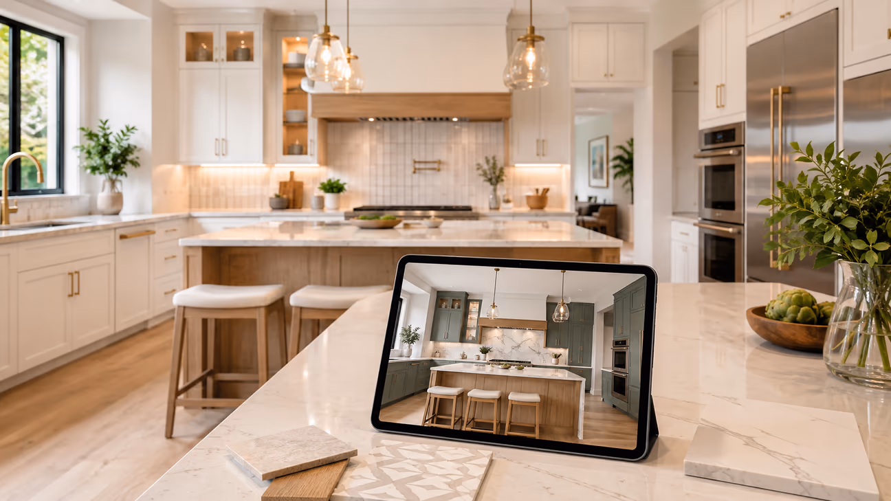 modern kitchen with an alternative ai kitchen design displayed on a tablet