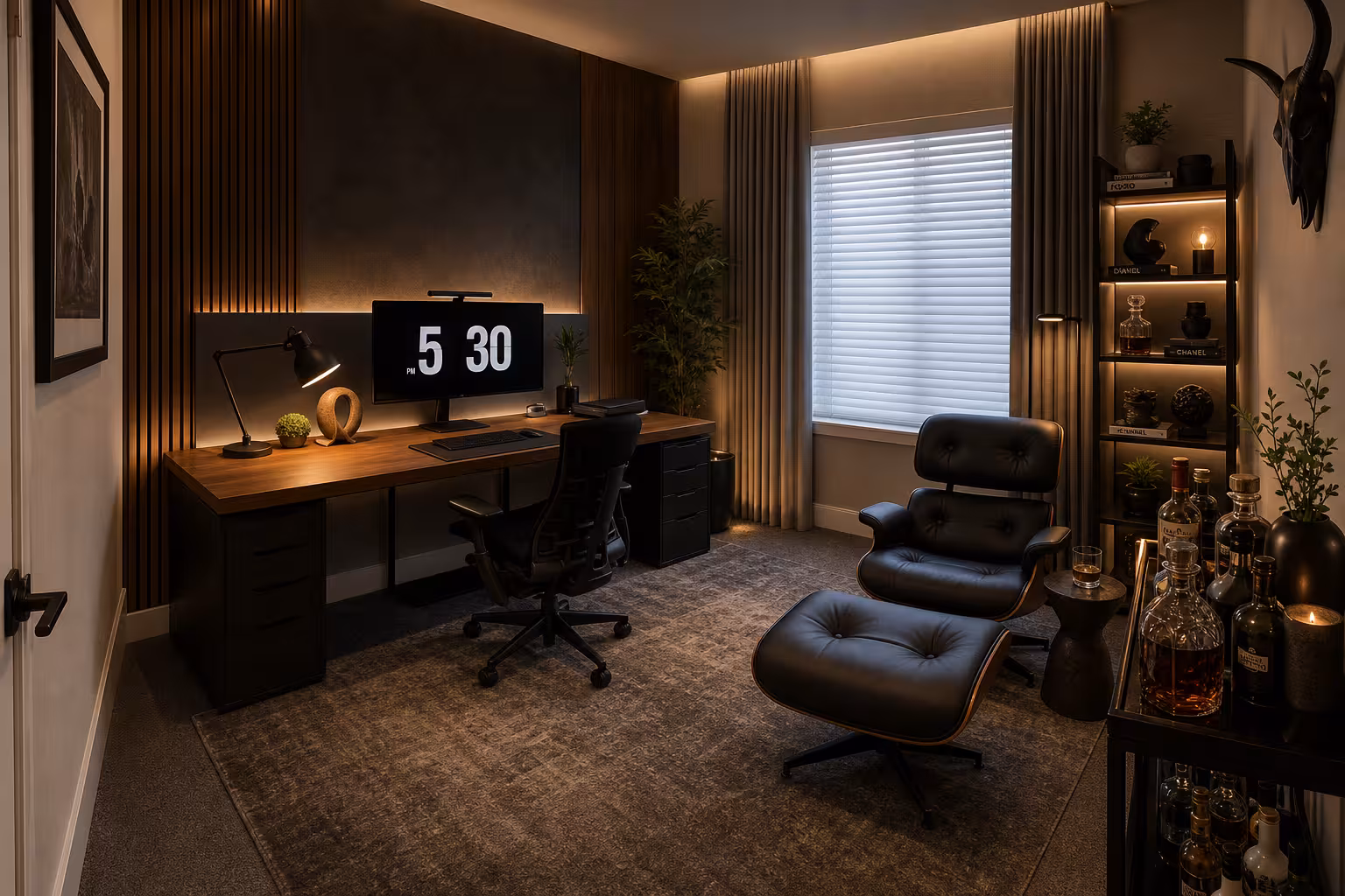 Modern home office with walnut accents, ambient lighting, and luxury lounge seating