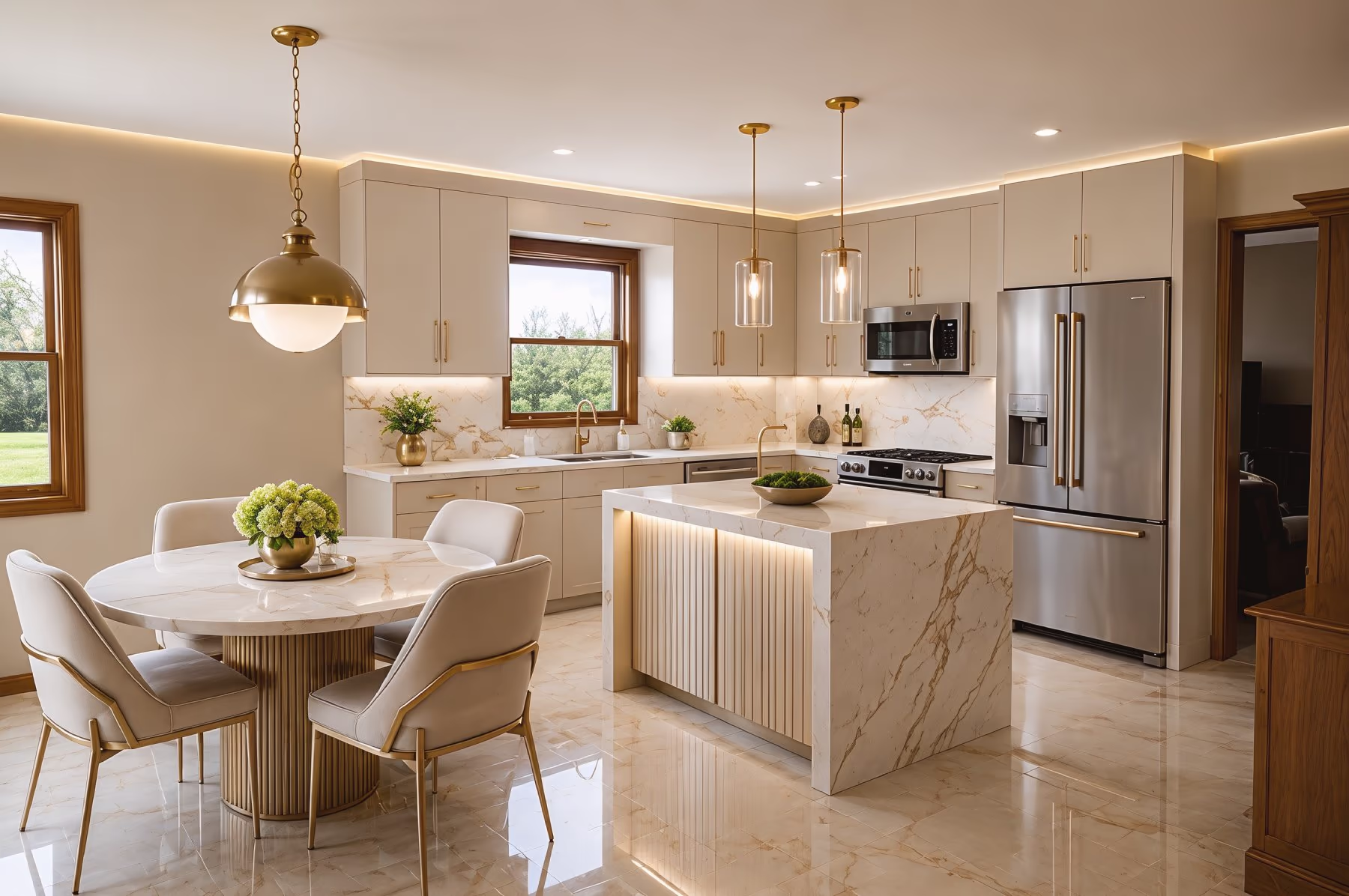 Luxury kitchen with a large marble island and elegant finishes